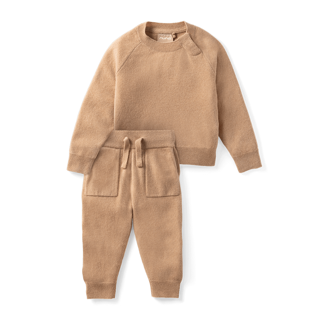 Front image of the Nuna Cashmere Two-Piece Sweater Set in Tan fashion