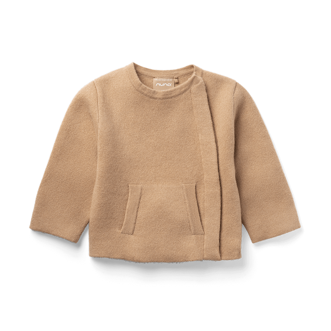 Front image of the Nuna Cashmere Asym Sweater in Tan fashion