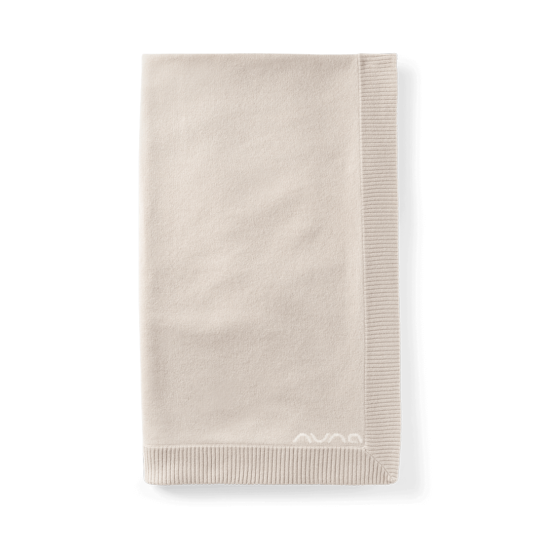 The Nuna Cashmere Blanket folded highlighting the Nuna logo in Tan fashion