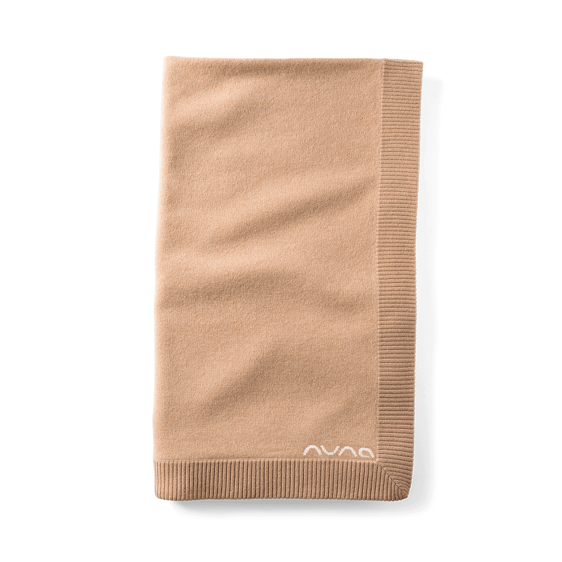 The Nuna Cashmere Blanket folded highlighting the Nuna logo in Tan fashion