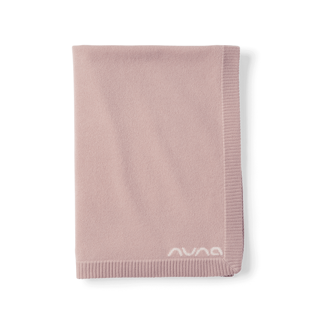 The Nuna Cashmere Infant Blanket folded highlighting the Nuna logo in Dusty Mauve fashion