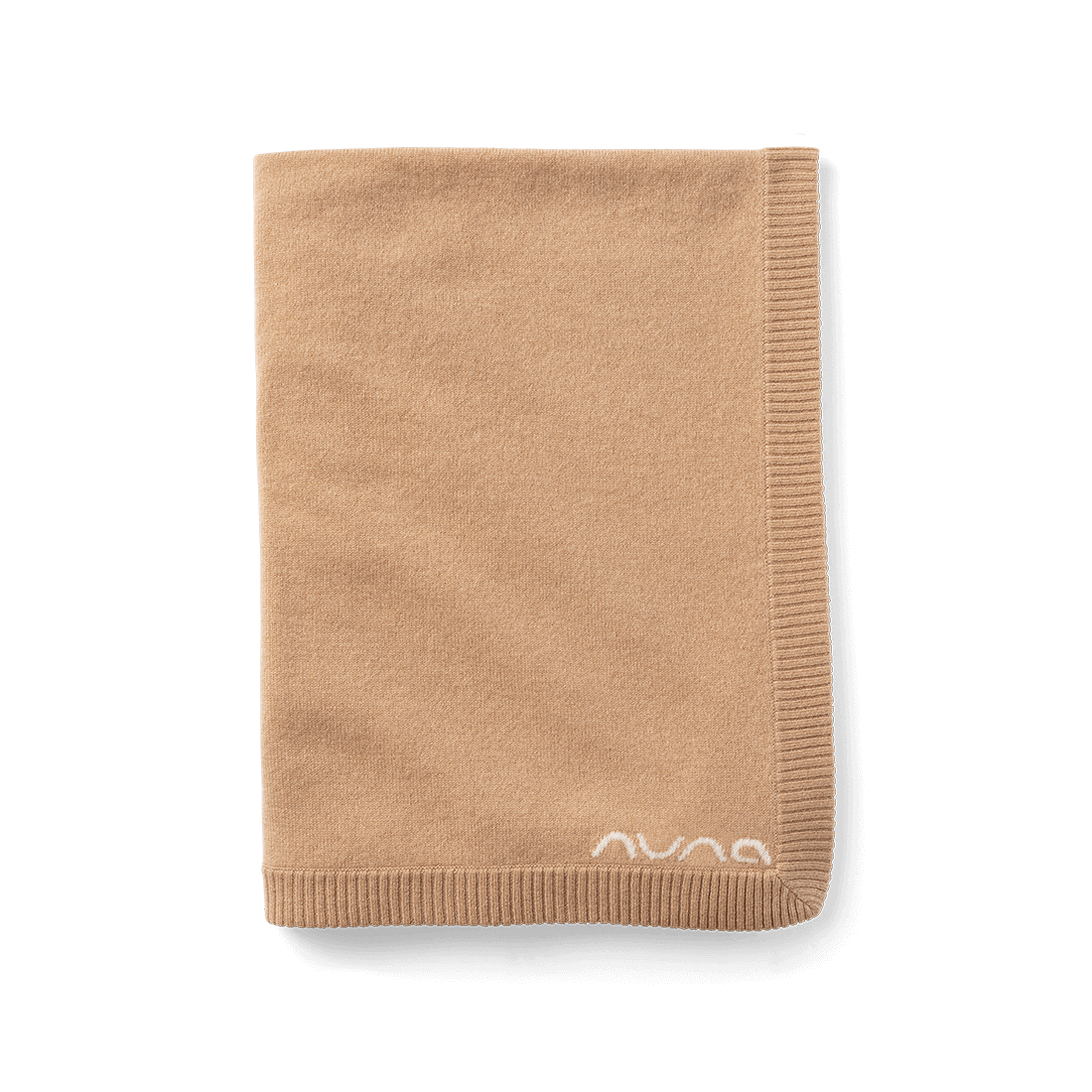 The Nuna Cashmere Infant Blanket folded highlighting the Nuna logo in Tan fashion