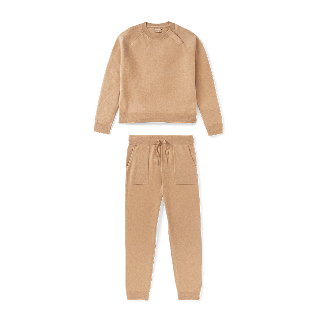 Front image of the Nuna Cashmere Mother's Two-Piece Sweater Set in Tan fashion