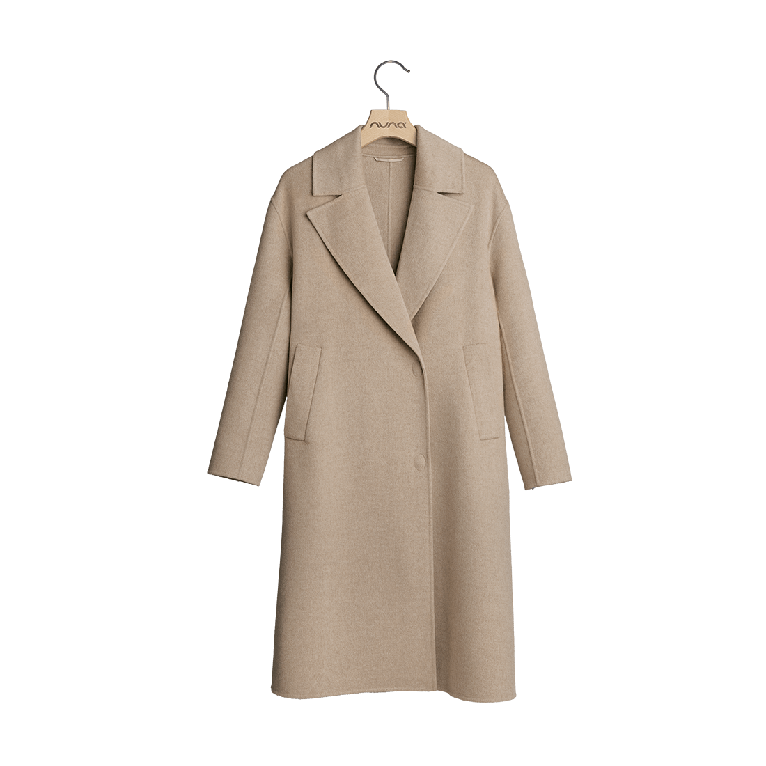 Front view of the Nuna Cashmere Mom's coat in Stone fashion
