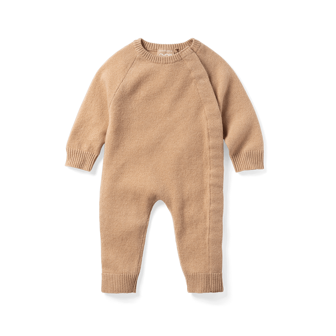 A front image of the Nuna Cashmere Onesie in Tan fashion