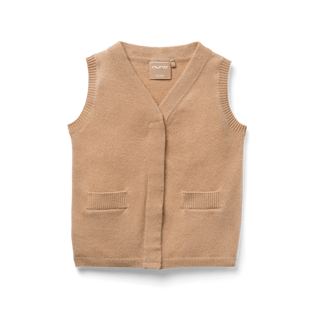 A front image of the Nuna Cashmere Vest in Tan fashion