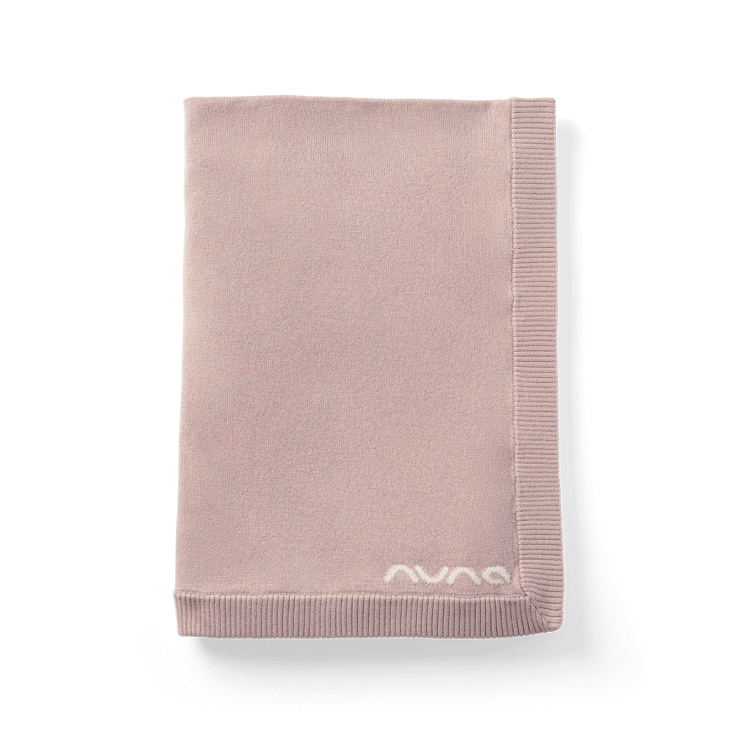 The Nuna Cotton Infant Blanket folded highlighting the Nuna logo in Dusty Mauve fashion