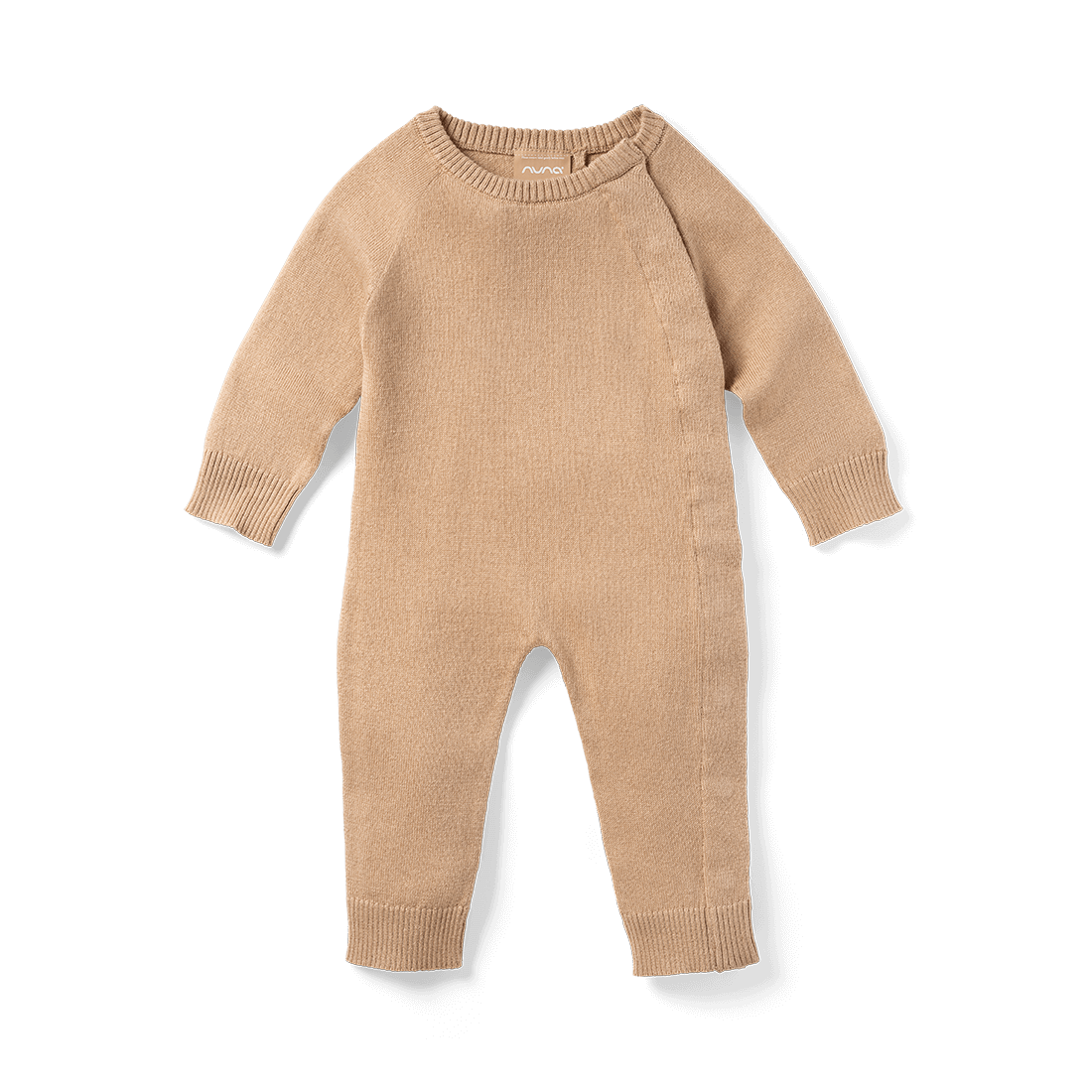 A front image of the Nuna Cotton Onesie in Tan fashion