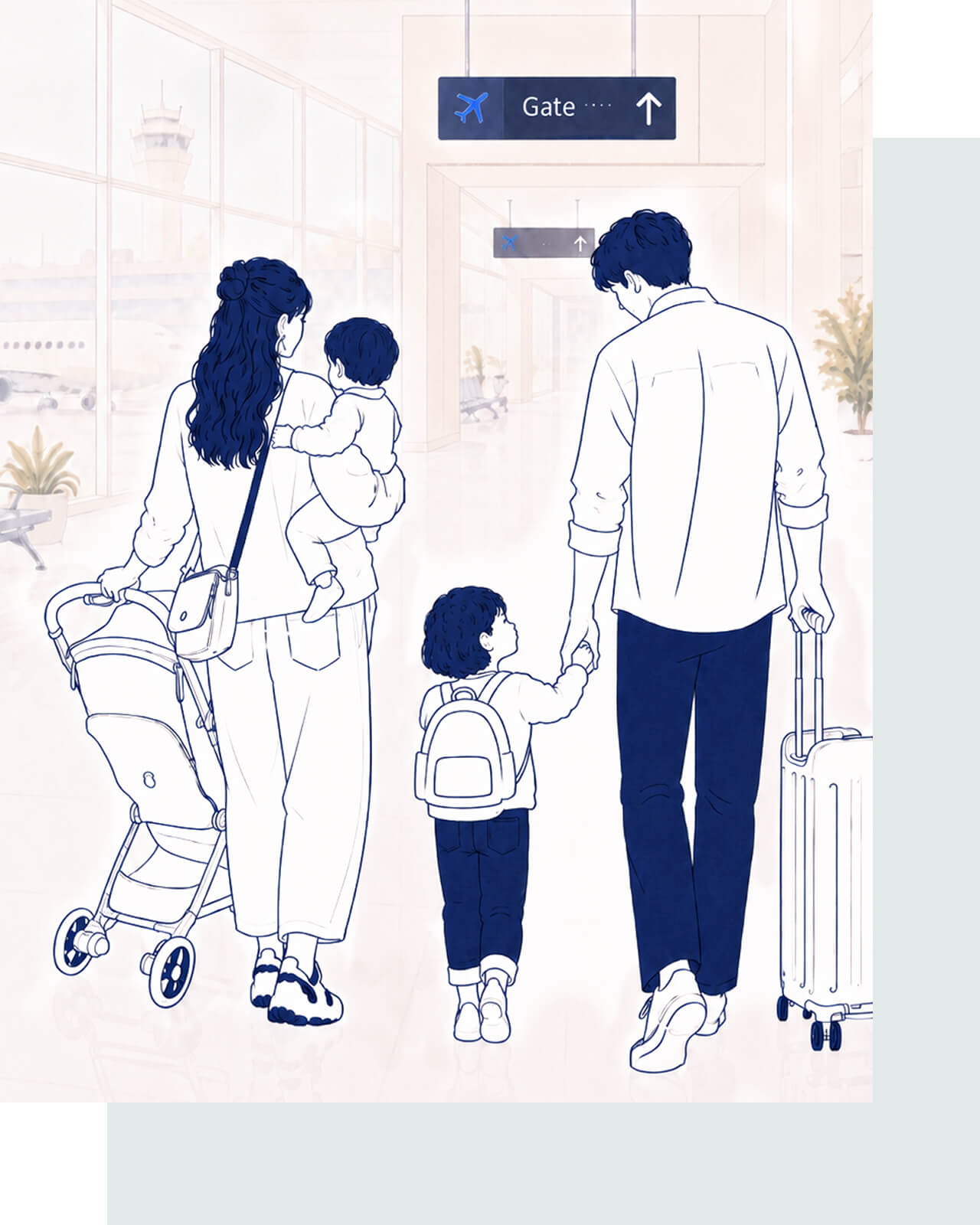 Illustration of a small family walking through an airport pushing the viaa cabn