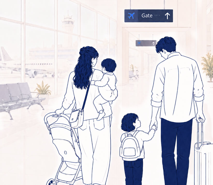 Illustration of a small family walking through an airport pushing the viaa cabn