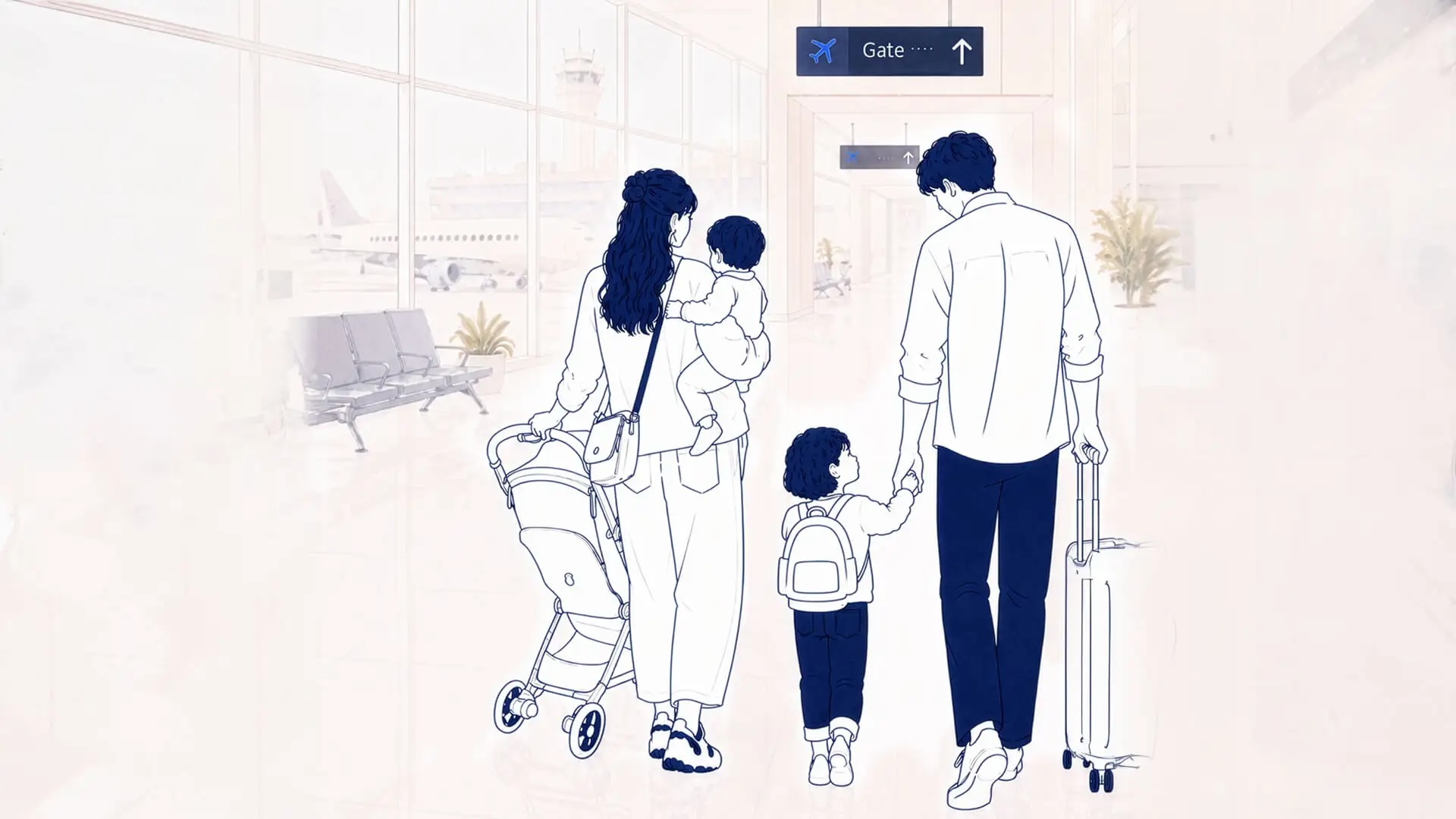 Illustration of a small family walking through an airport pushing the viaa cabn