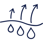 Hygroscopic logo of three arrows pointing up over a wavy line and three droplets below