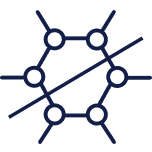 Anti-bacterial icon of a hexagon with a line cutting diagonally through it with circles at each point of the shape and a line extending out of circle 