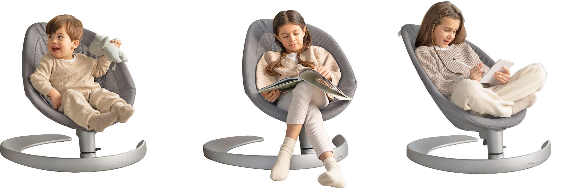 Three ages of children relax in the Nuna LEAF grow chair.