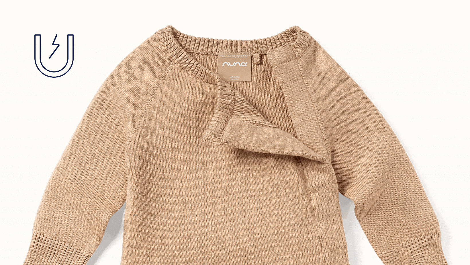 Gif of the front of the Nuna Cashmere Asym Sweater moving from half open to closed in Tan fashion