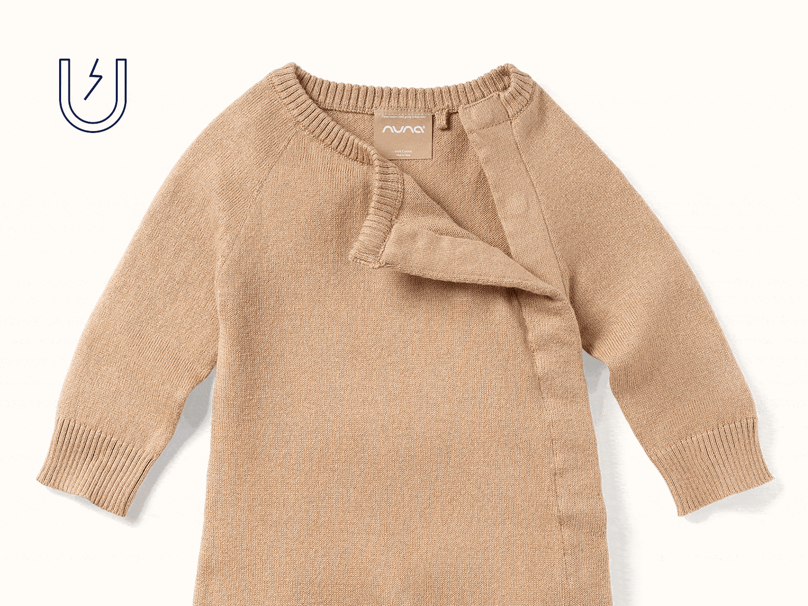 Gif of the front of the Nuna Cashmere Asym Sweater moving from half open to closed in Tan fashion